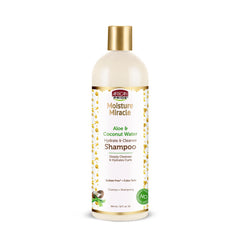 African Pride Moisture Miracle Aloe & Coconut Water Shampoo bottle front for hydrating cleanse.