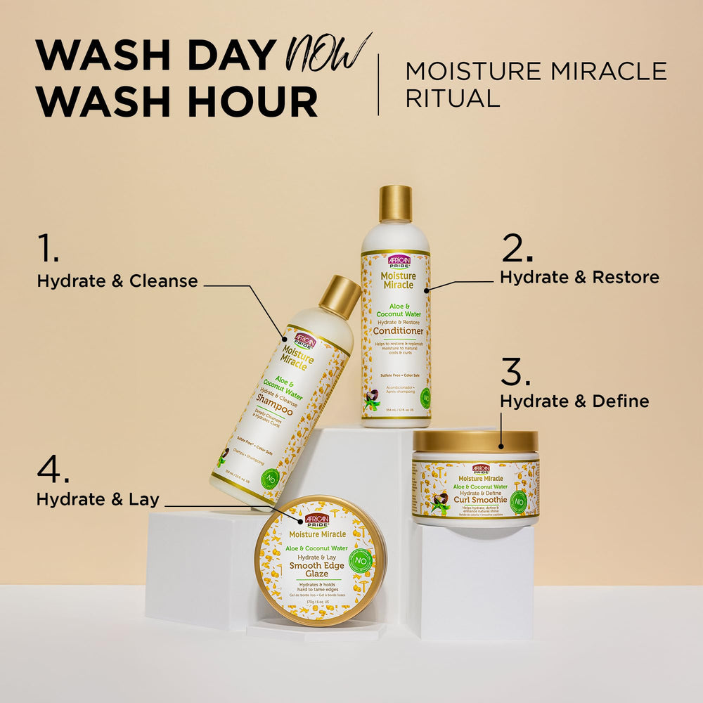 African Pride Moisture Miracle shampoo in hand showing creamy texture ideal for detangling.