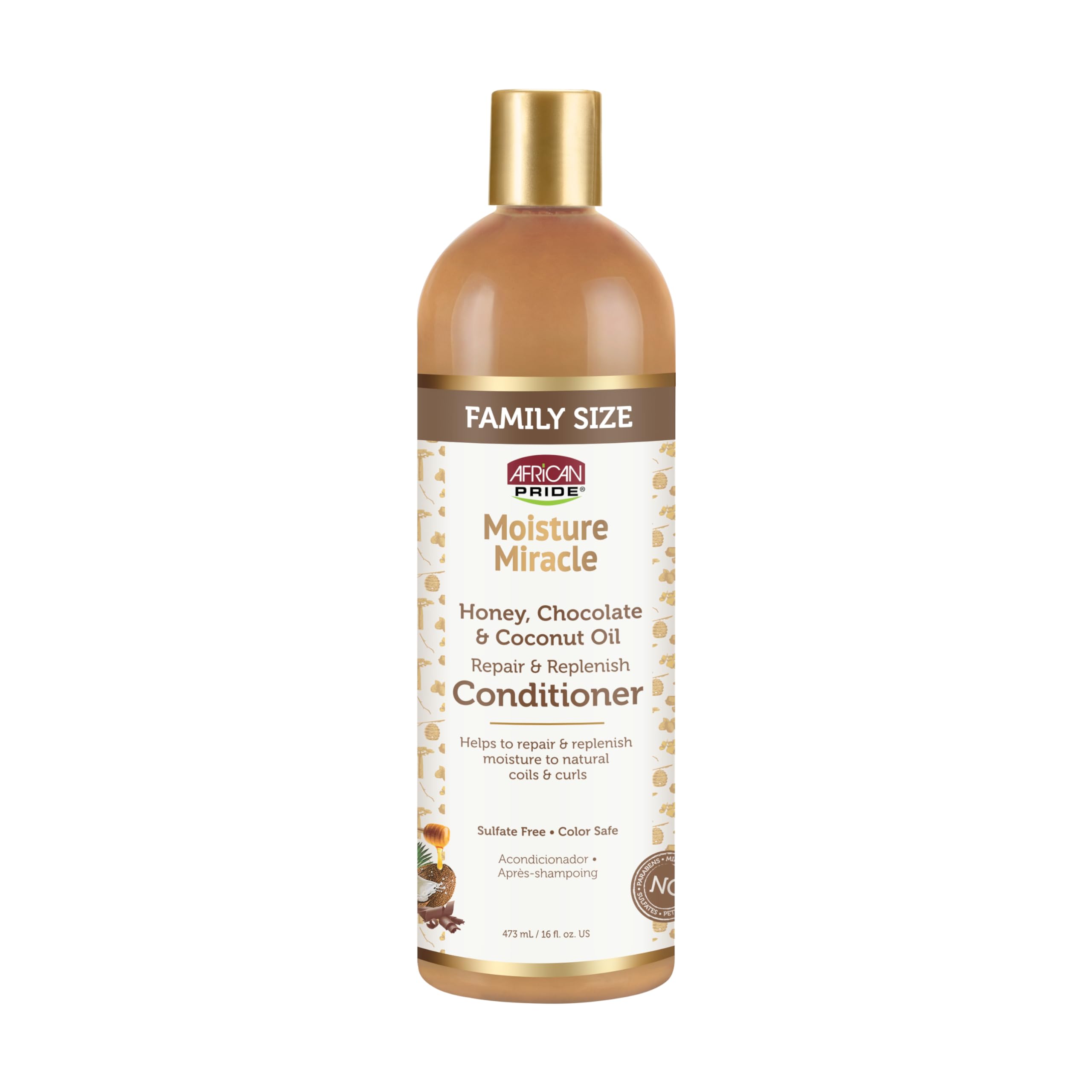 African Pride Moisture Miracle bottle-front shows sulfate-free conditioning for natural coils.