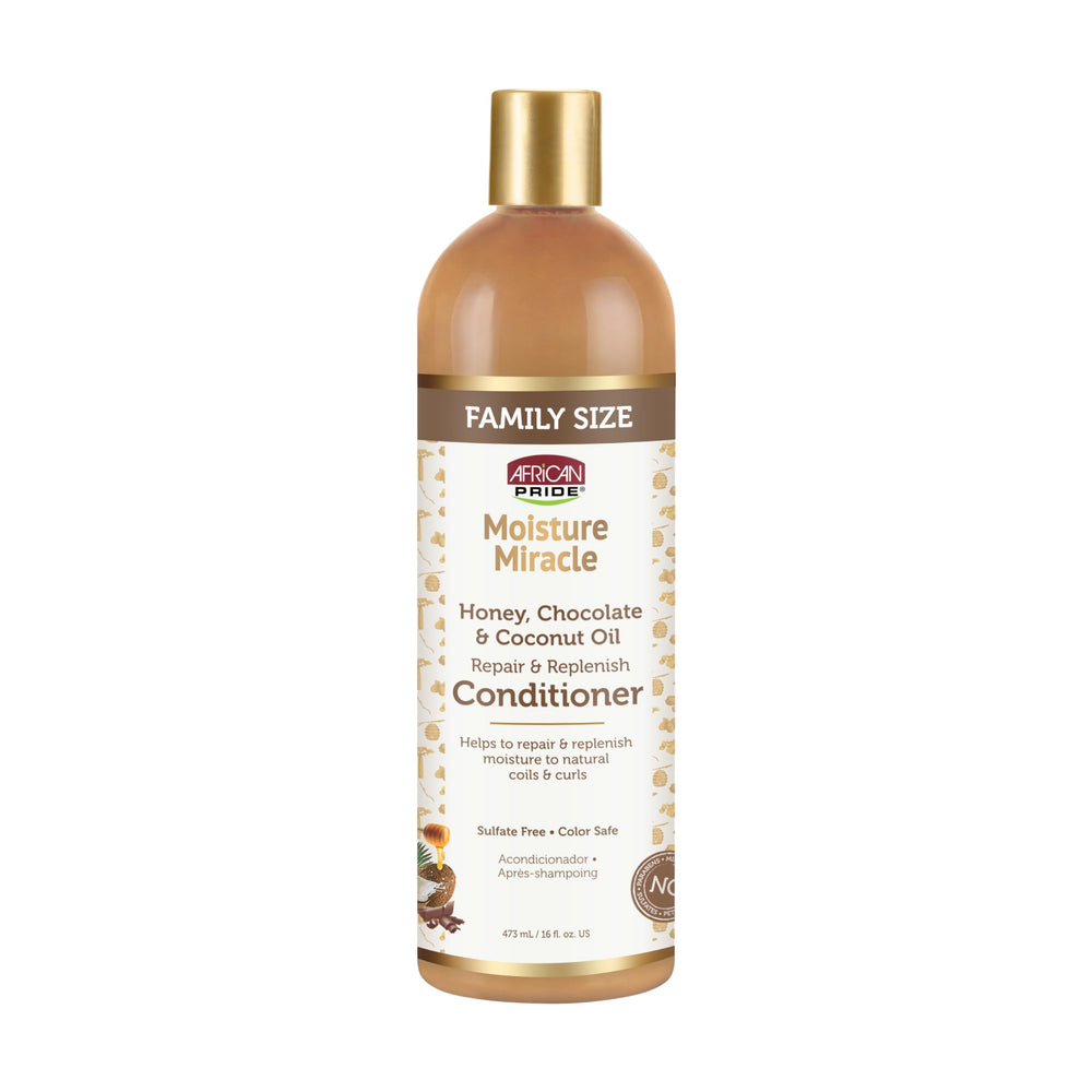 African Pride Moisture Miracle bottle-front shows sulfate-free conditioning for natural coils.