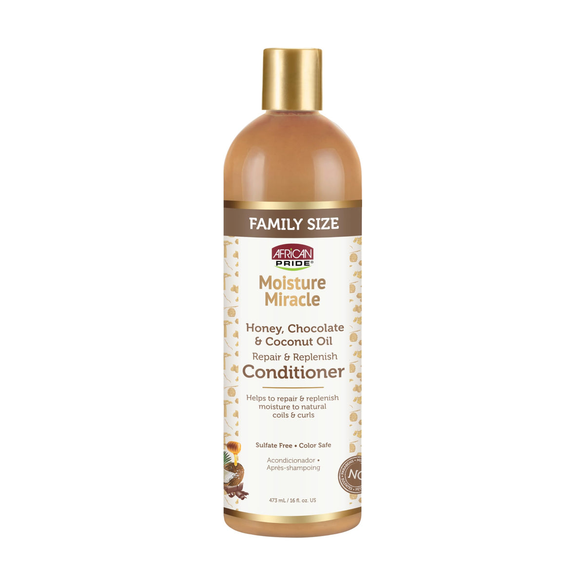 African Pride Moisture Miracle bottle-front shows sulfate-free conditioning for natural coils.