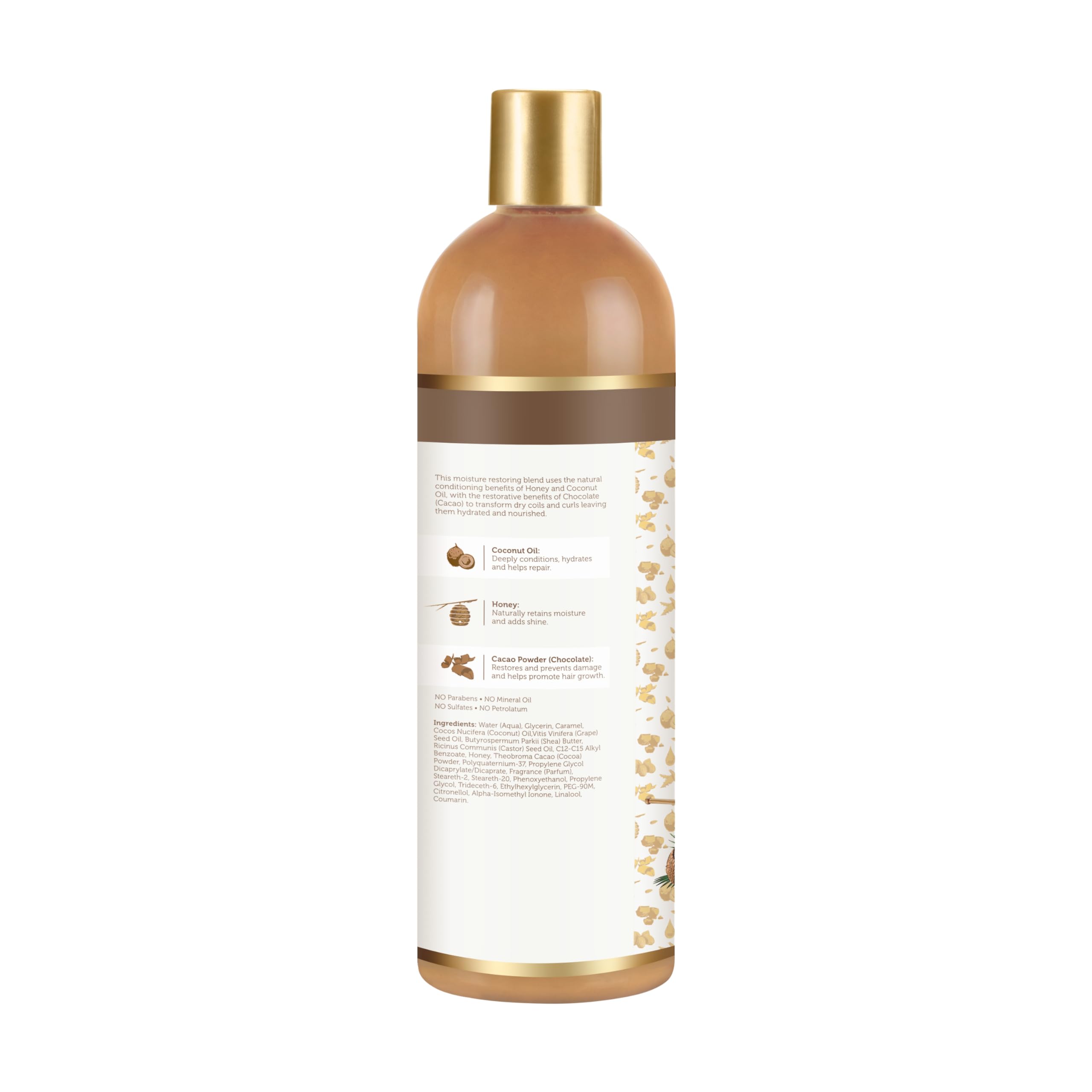 African Pride Moisture Miracle honey-coconut-ingredients closeup highlights hydrating shine for curls.