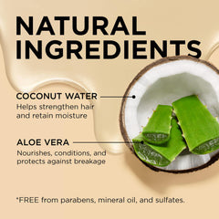 Close-up of African Pride Moisture Miracle ingredients panel with aloe and coconut water.