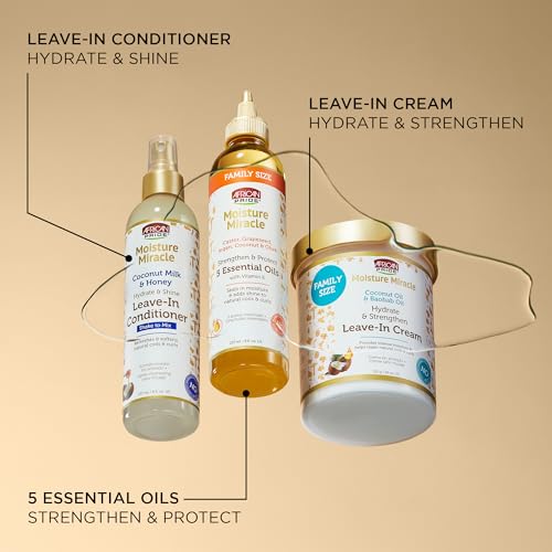 African Pride Moisture Miracle Leave-In on damp hair suggests quick moisturization.