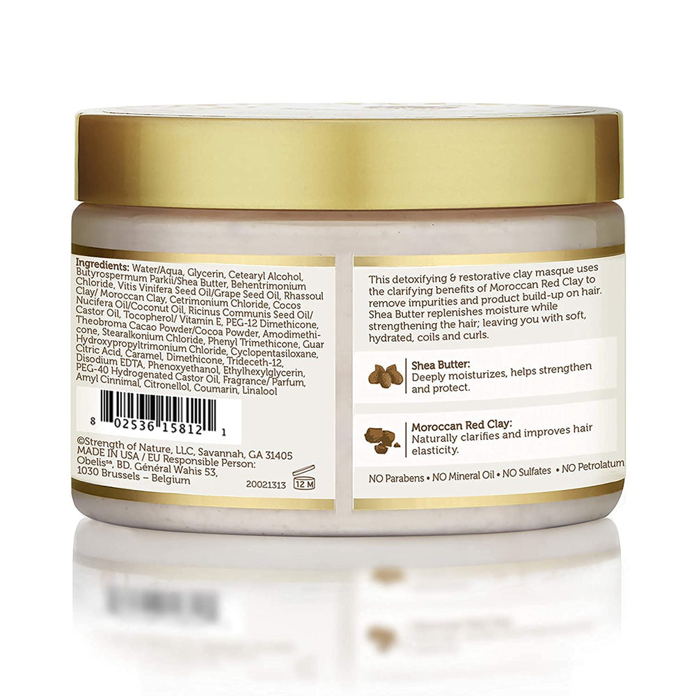 African Pride Moroccan Clay ingredients highlighting elasticity and cleansing benefits