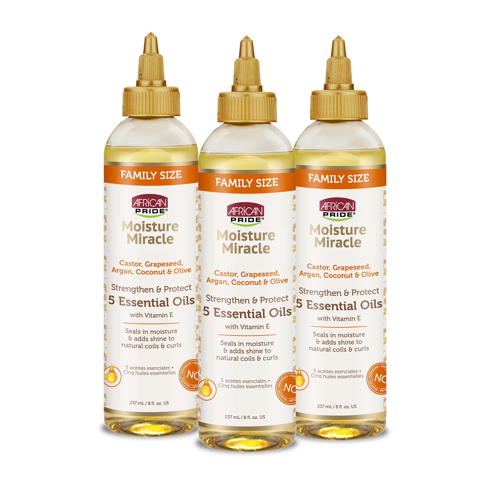 African Pride Moisture Miracle Oil bottle pour demonstrates easy daily hydration for healthy-looking hair