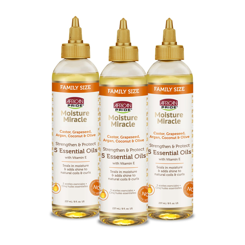 African Pride Moisture Miracle Oil bottle pour demonstrates easy daily hydration for healthy-looking hair