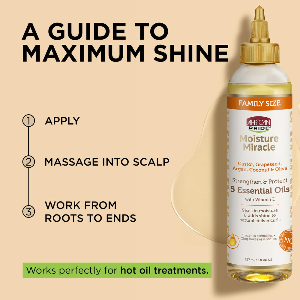 African Pride Moisture Miracle Oil grapeseed oil gloss emphasizes thermal protection and added shine