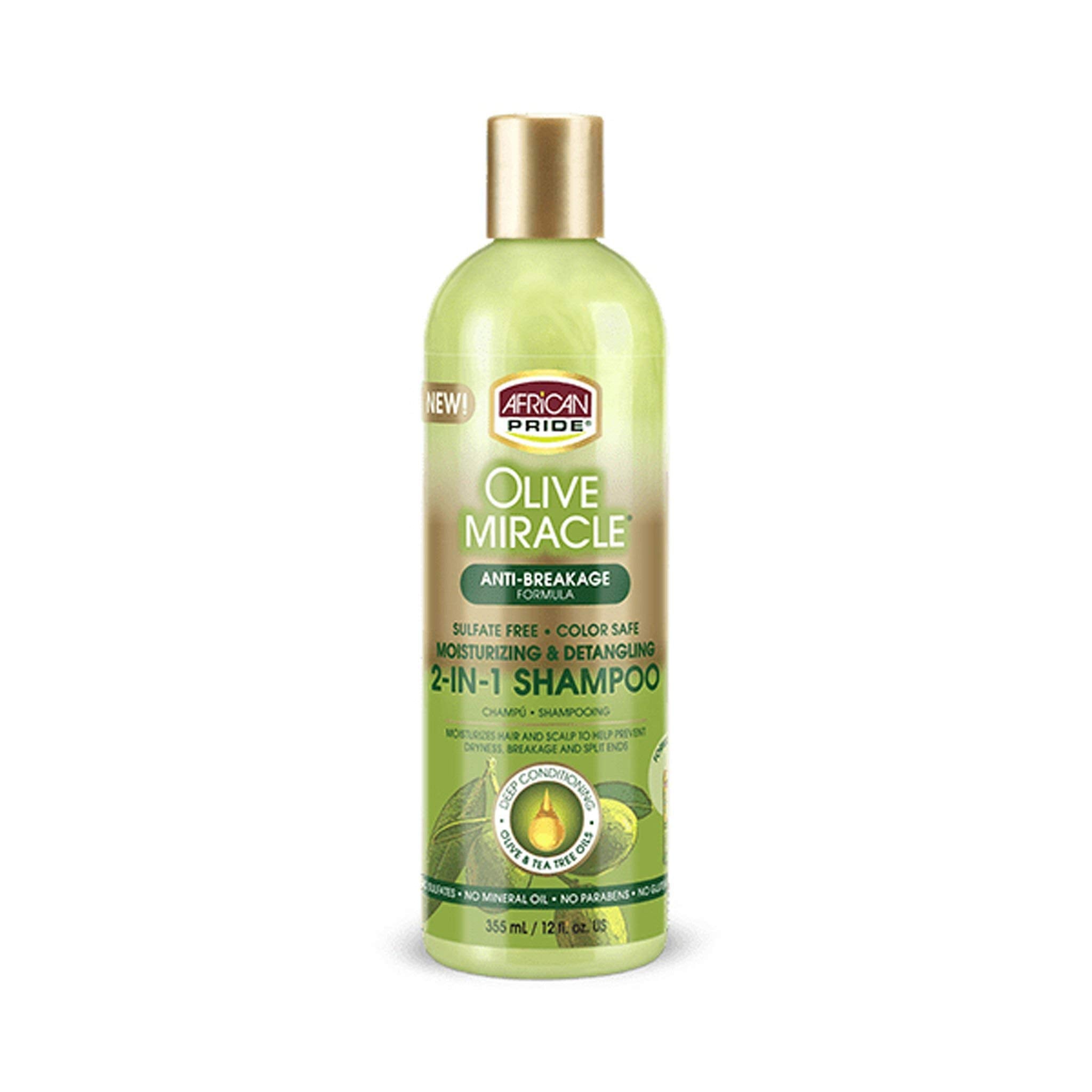 African Pride Olive Miracle 2-in-1 bottle pour highlighting detangling-ready hydration