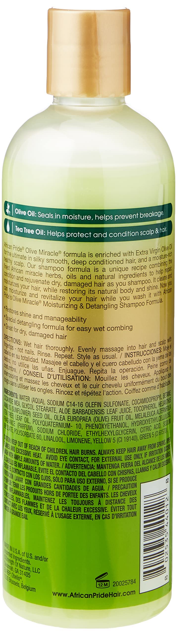 African Pride Olive Miracle 2-in-1 bottle label highlights shine