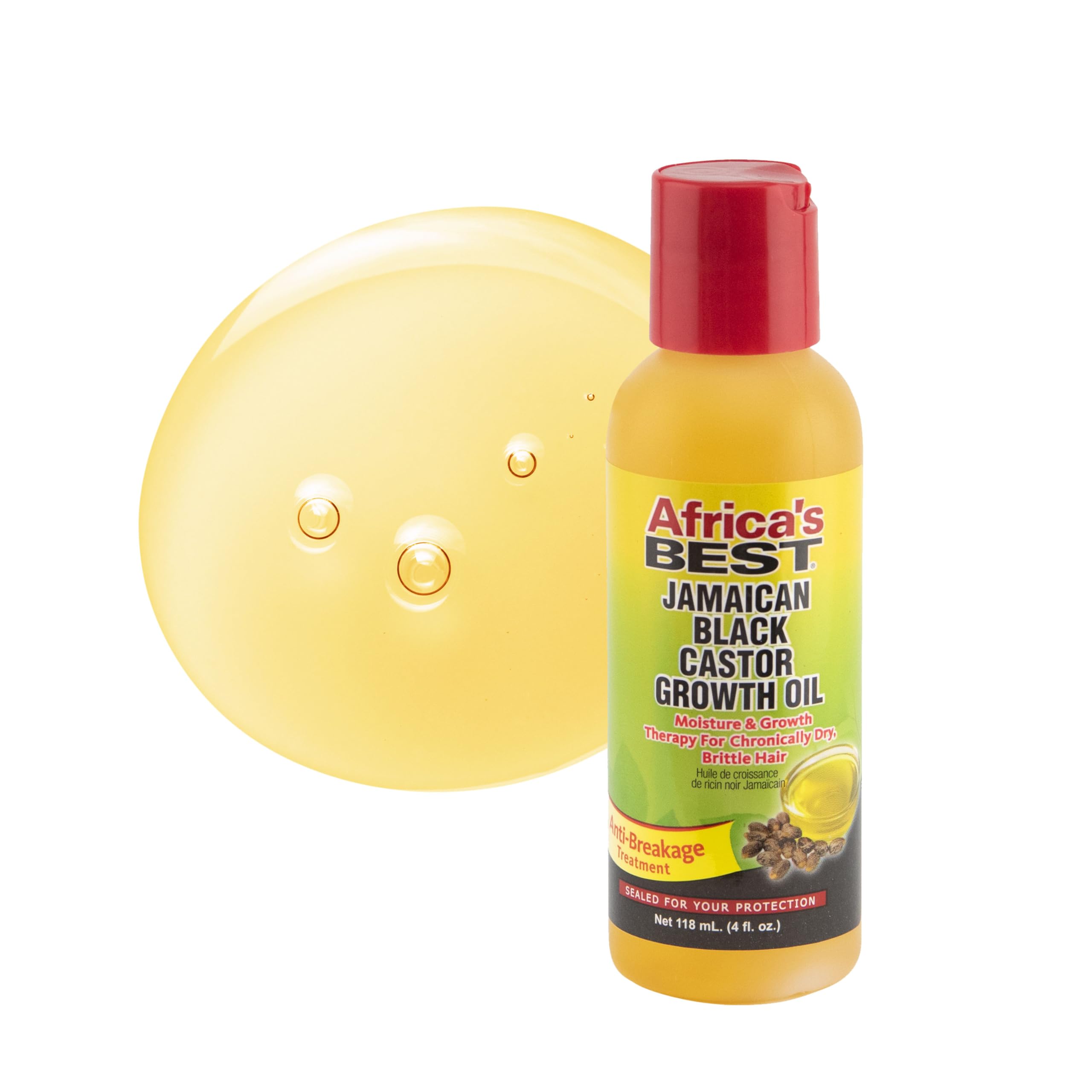 Africa's Best Jamaican Black Castor Growth Oil label highlights vitamin E and omega fatty acids