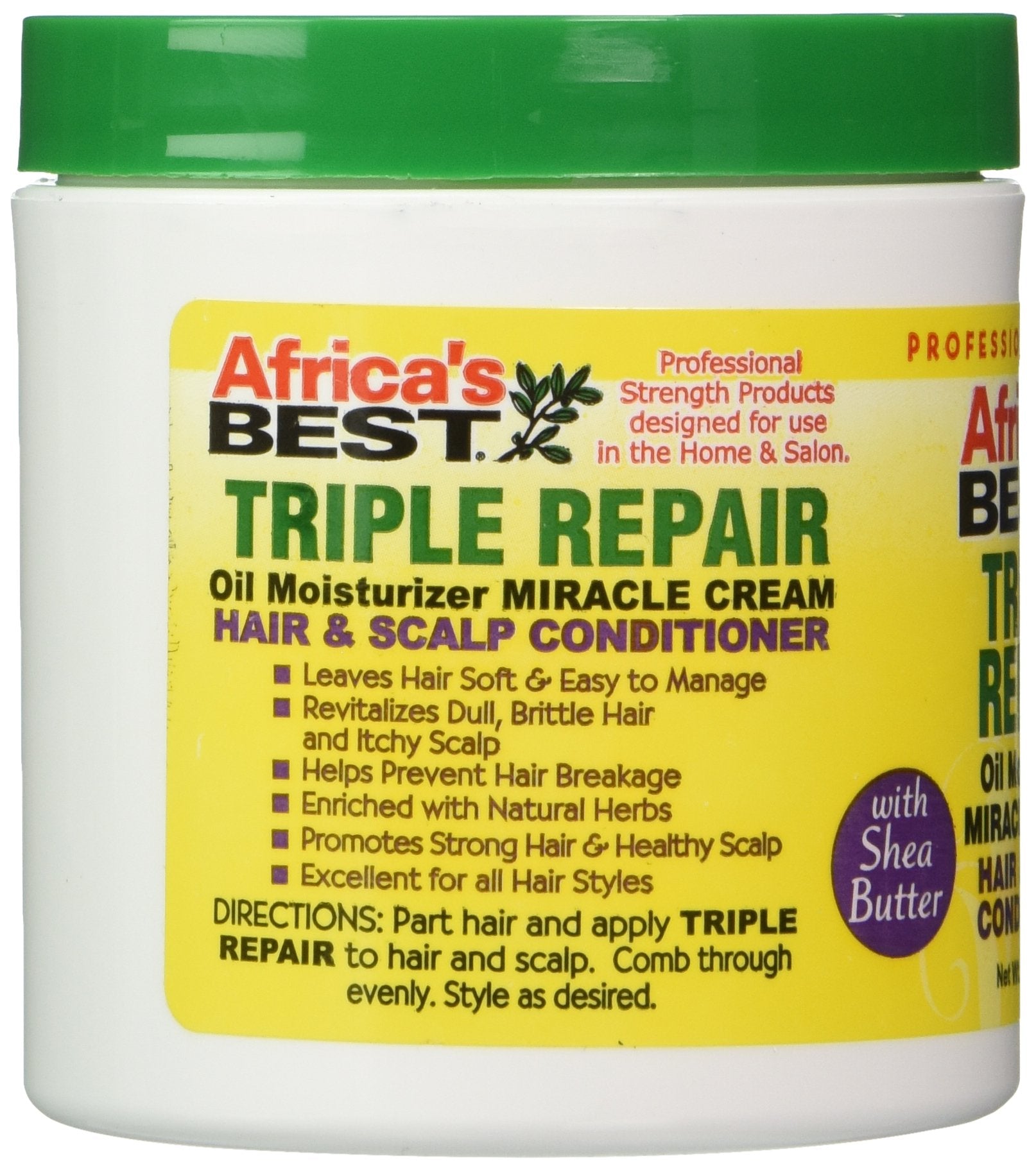 Africa's Best Triple Repair Oil Moisturizer label closeup highlights Shea Butter benefits for moisturizing scalp.