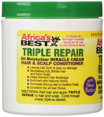 Africa's Best Triple Repair Oil Moisturizer label closeup highlights Shea Butter benefits for moisturizing scalp.