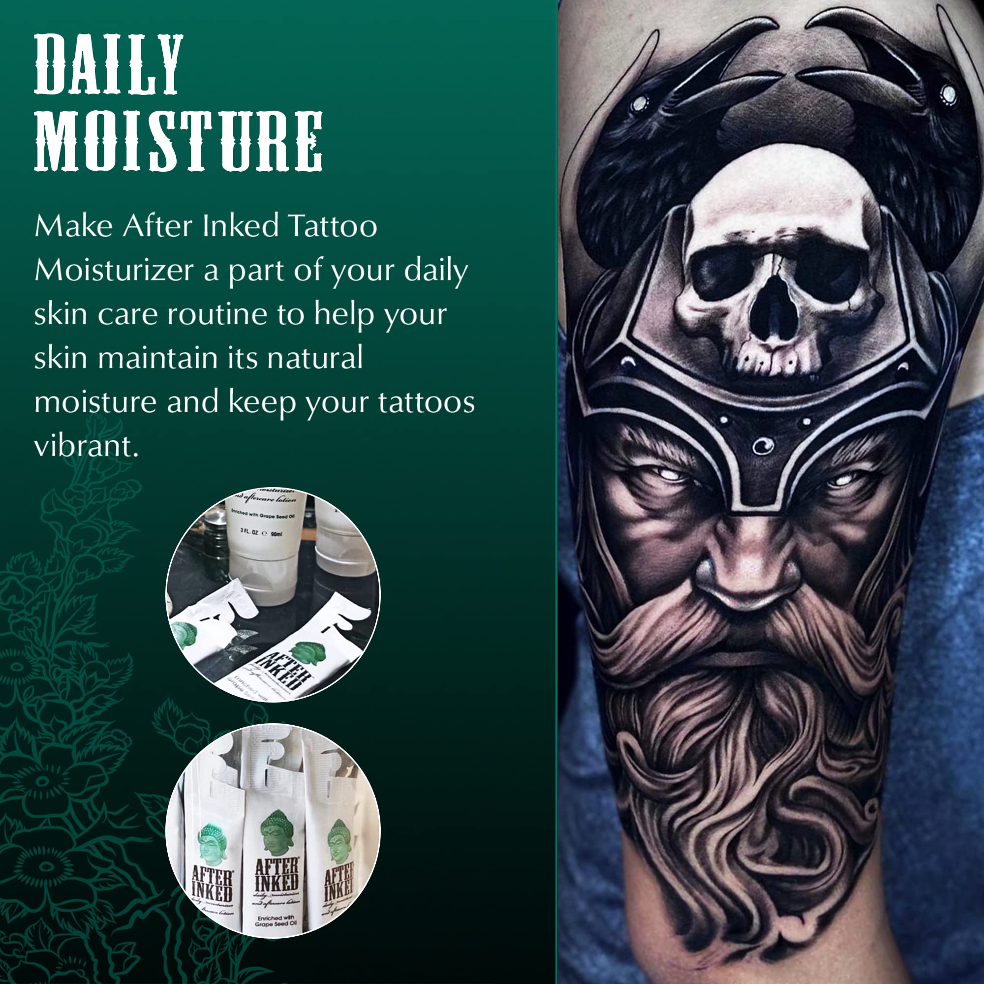 Applying After Inked lotion to fresh tattoo on forearm, soothes and moisturizes