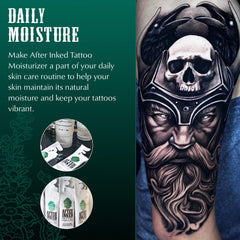 Applying After Inked lotion to fresh tattoo on forearm, soothes and moisturizes