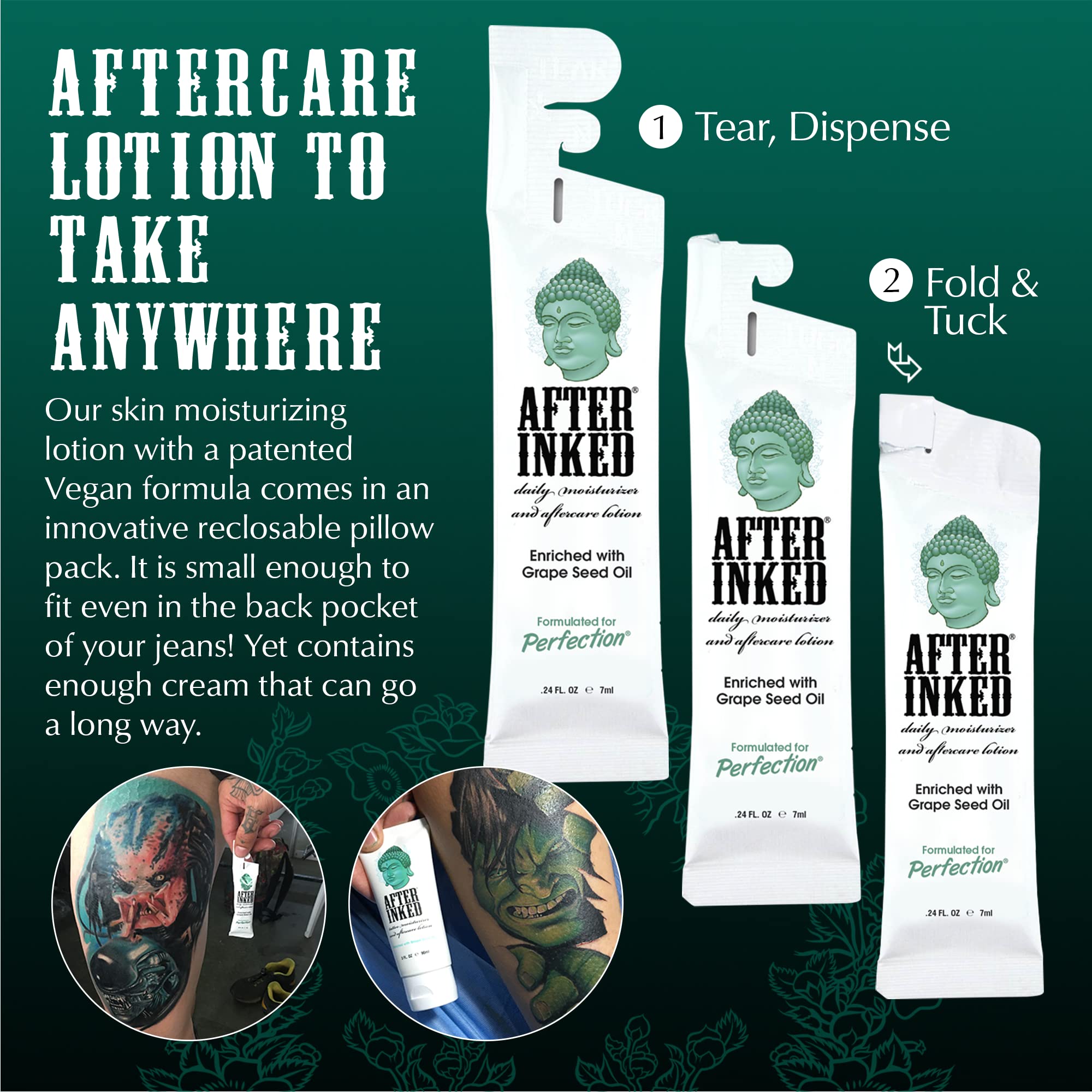 Close-up of After Inked lotion texture on skin, demonstrating smooth absorbency