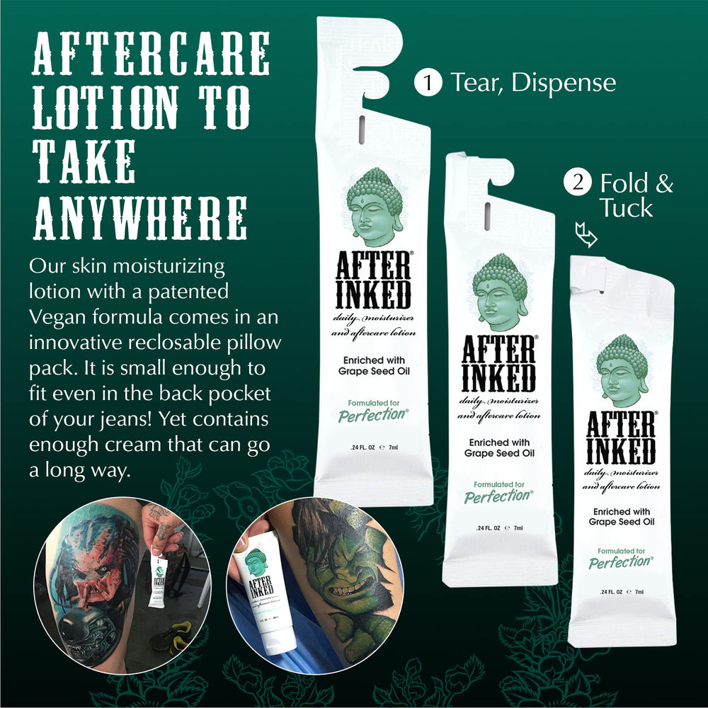 Close-up of After Inked lotion texture on skin, demonstrating smooth absorbency