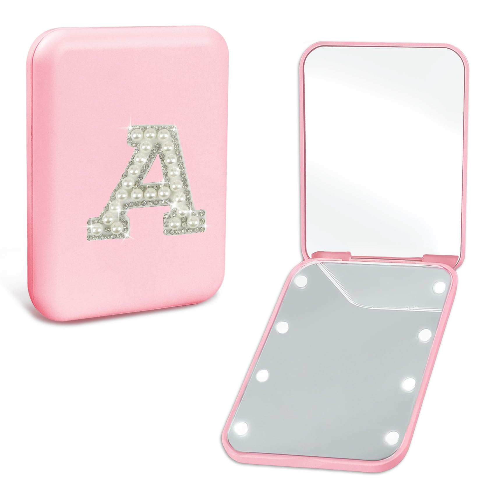 Aganmi pearl-initial travel mirror with lights for on-the-go touchups.