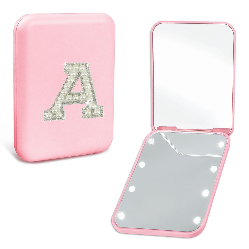 Aganmi pearl-initial travel mirror with lights for on-the-go touchups.