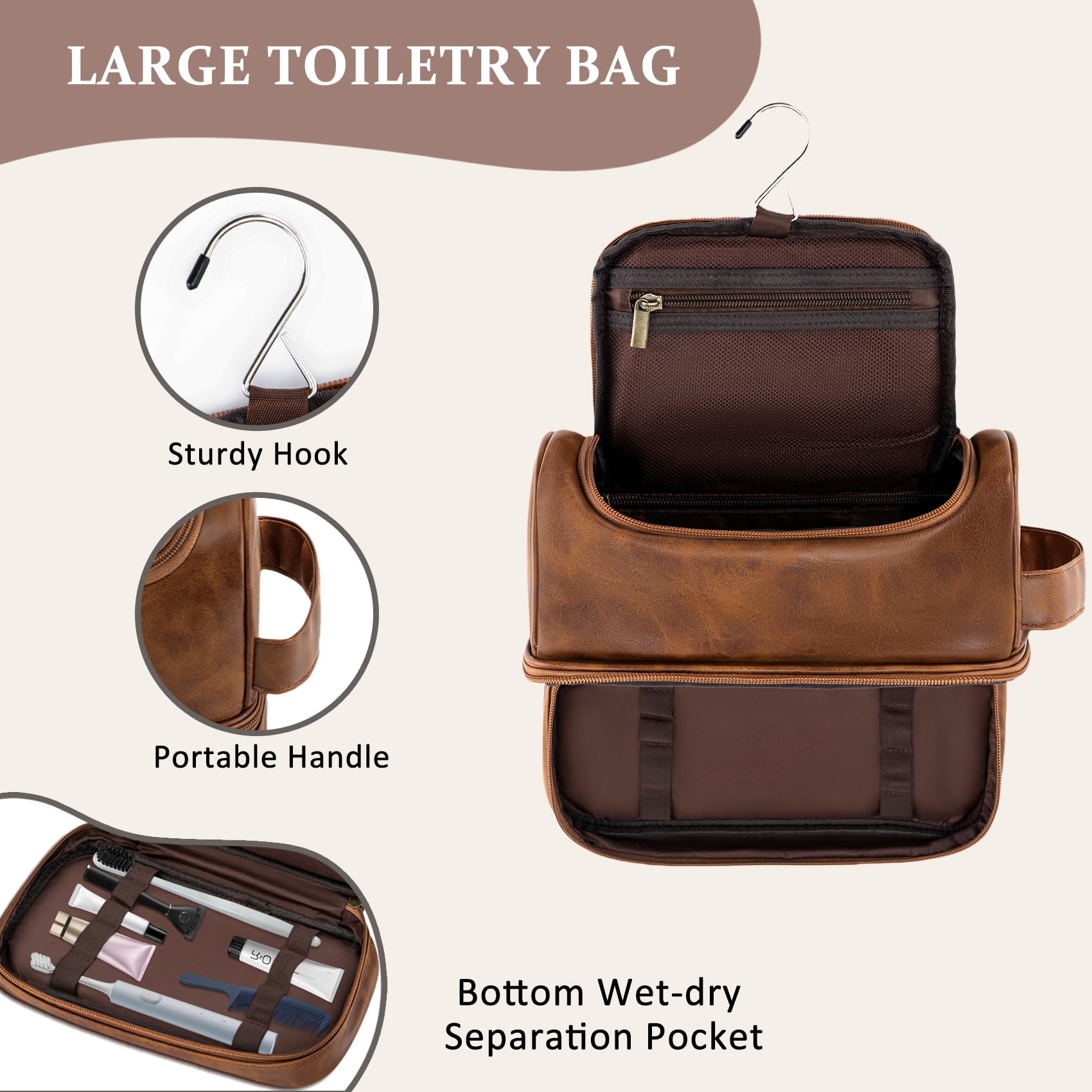 Aganmi toiletry bag dimensions show ample capacity for toiletries and accessories.