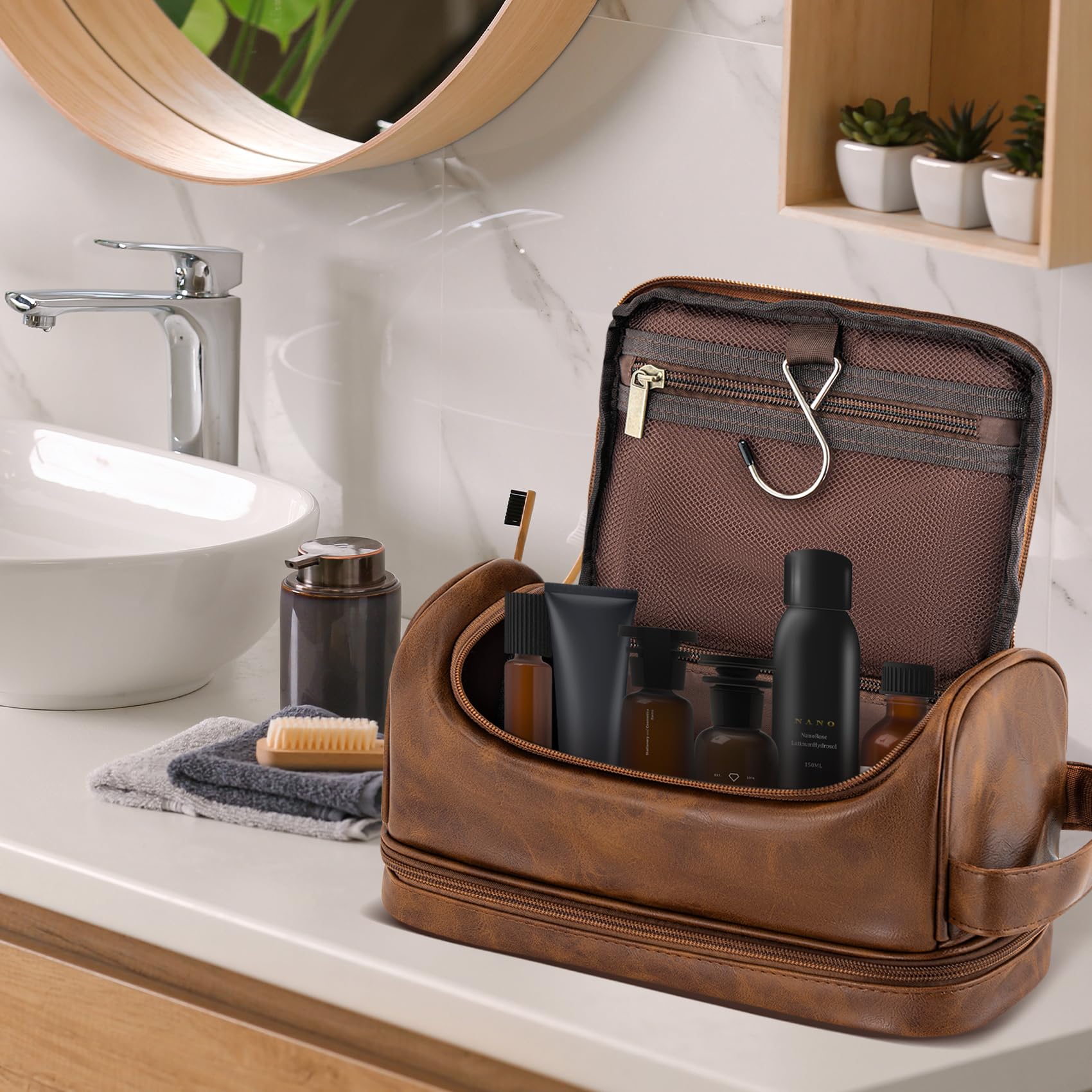 Aganmi toiletry bag initials and wheat wreath emphasize a personalized gift for him.