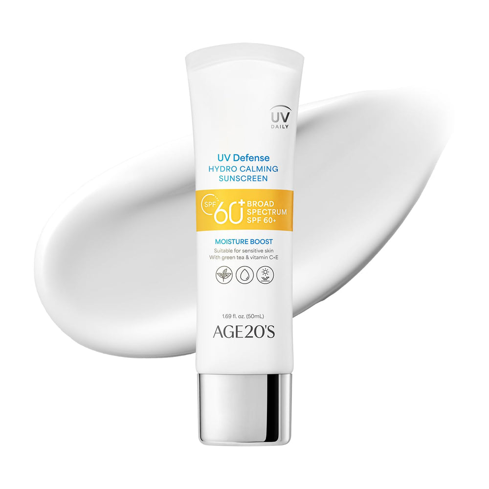 AGE 20's UV Defense Hydro Calming Sunscreen packaging close-up for premium protection