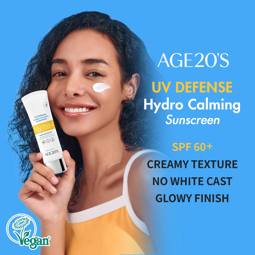 AGE 20's UV Defense Hydro Calming Sunscreen tube close-up showing creamy texture