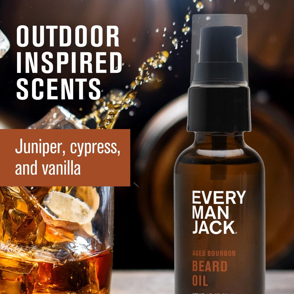 Every Man Jack aged bourbon beard oil scent with woodsy amber and vanilla notes for refinement.