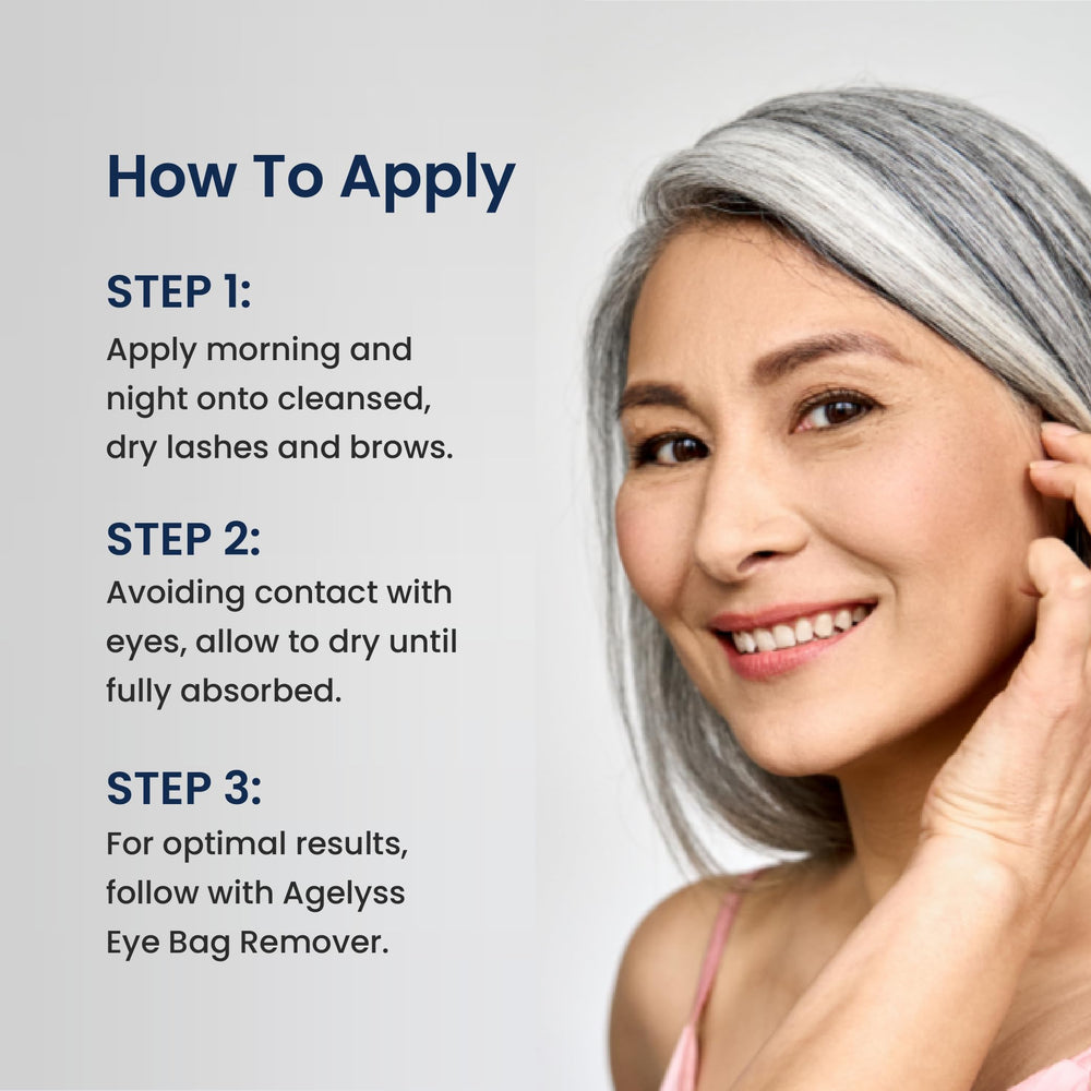 Agelyss Lash & Brow Enhancer around eye area supports healthier, stronger hairs.