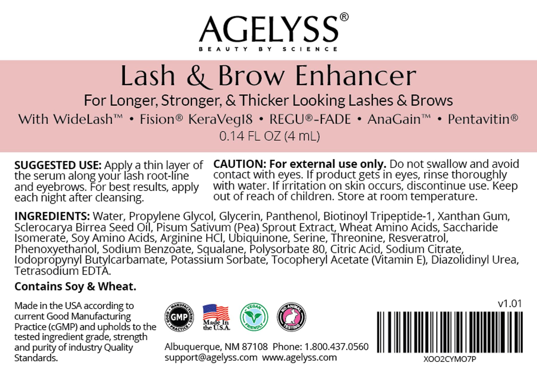 Agelyss Lash & Brow Enhancer packaging highlights patent-pending actives.