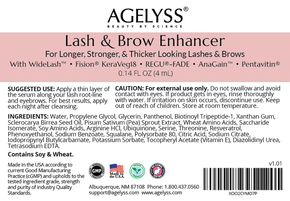 Agelyss Lash & Brow Enhancer packaging highlights patent-pending actives.