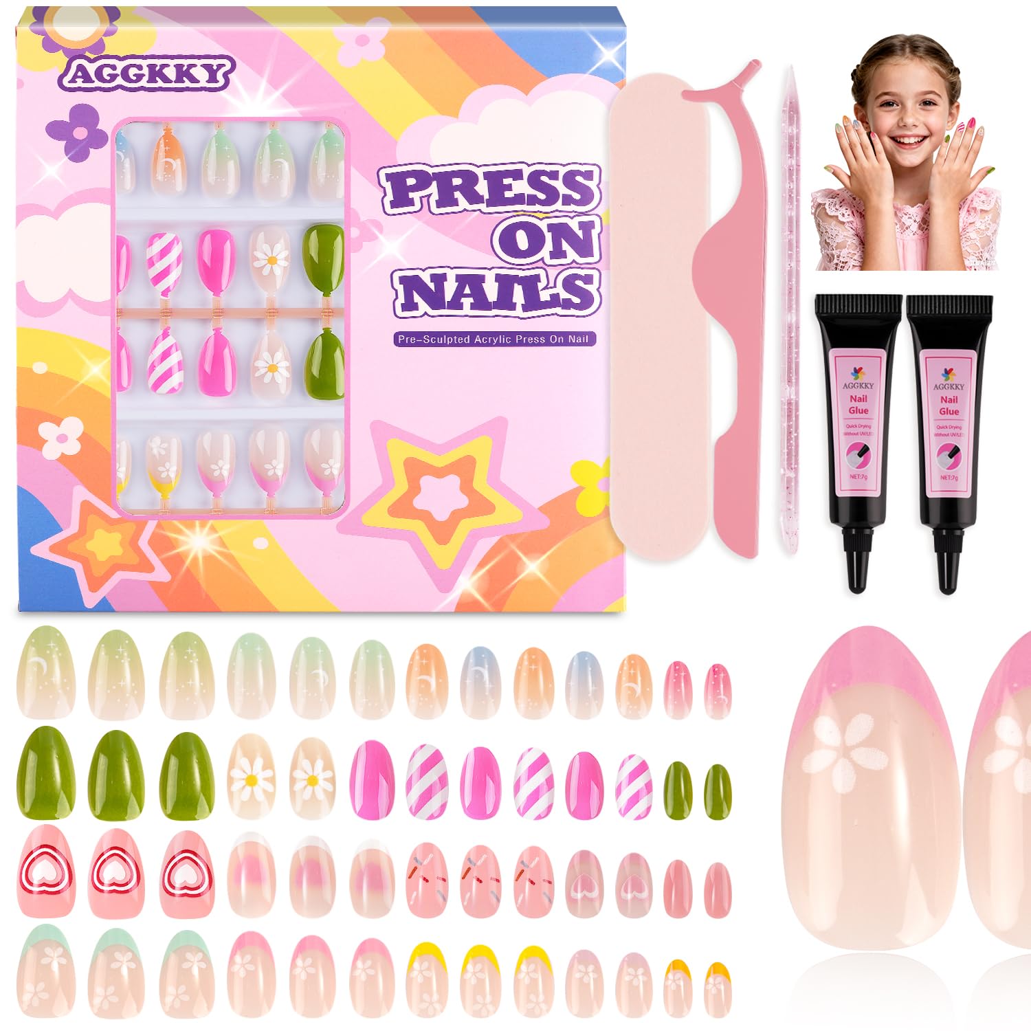 AGGKKY 104-piece kids press-on nails pack with four styles for at home nail art