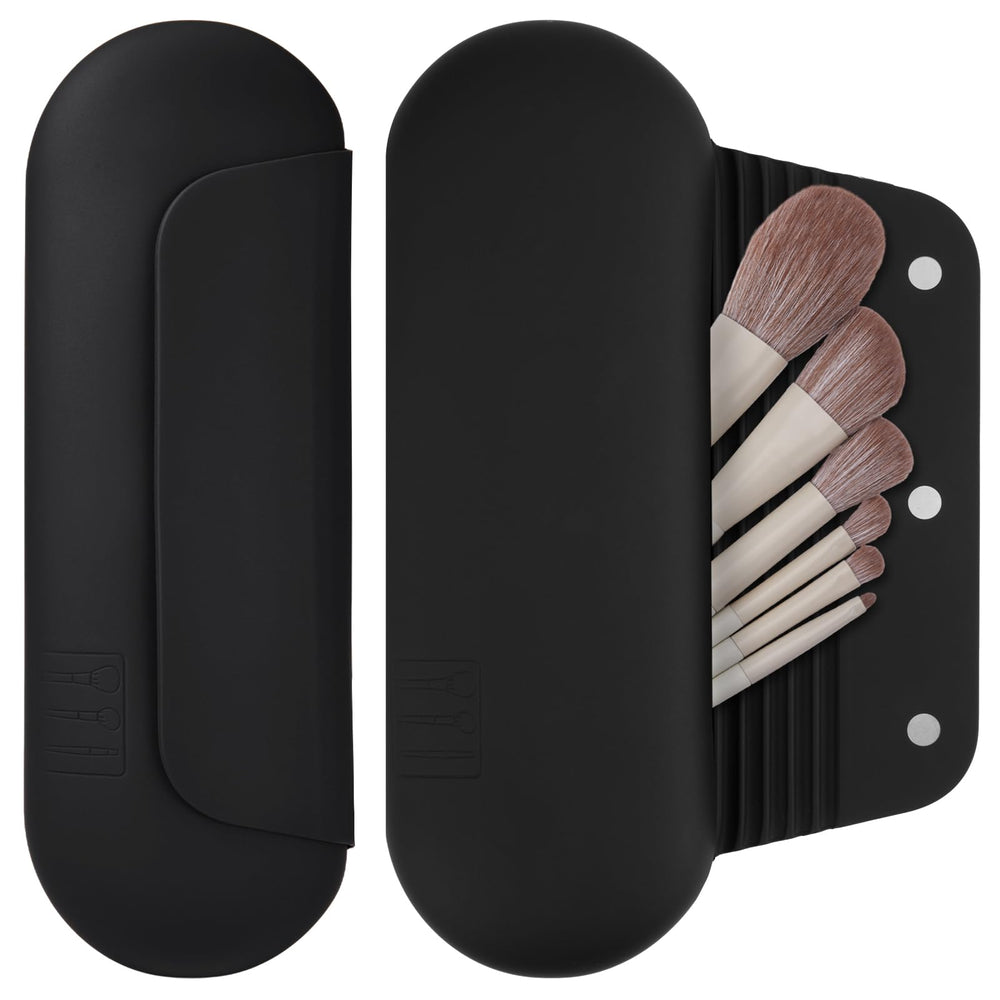 AGIKET silicone makeup brush holder with magnetic closure securely holds brushes during travel.