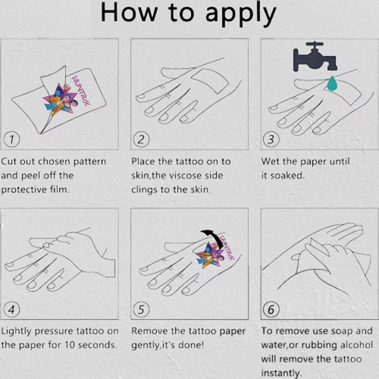 AGOODTO Kpop Demon tattoos application demo shows easy wet-transfer steps.