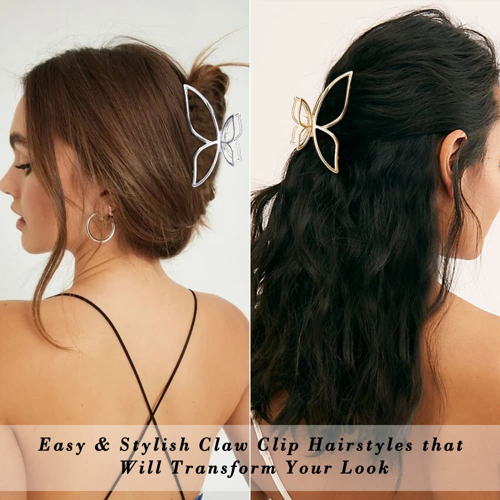 AHONEY Butterfly metal hair clip in silver closeup, premium non-slip grip for secure wear.