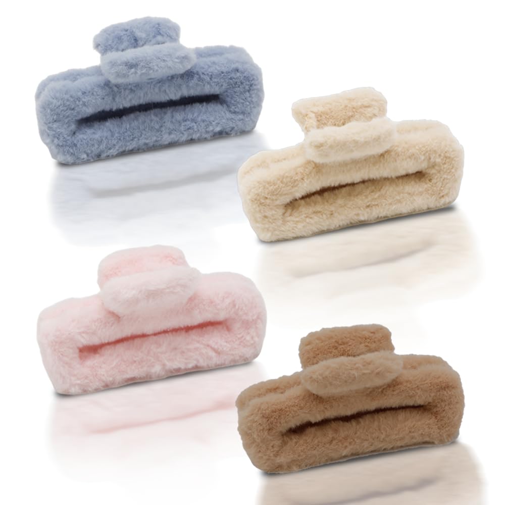 AHONEY four-pack of fuzzy clips beige khaki pink blue for versatile daily styling