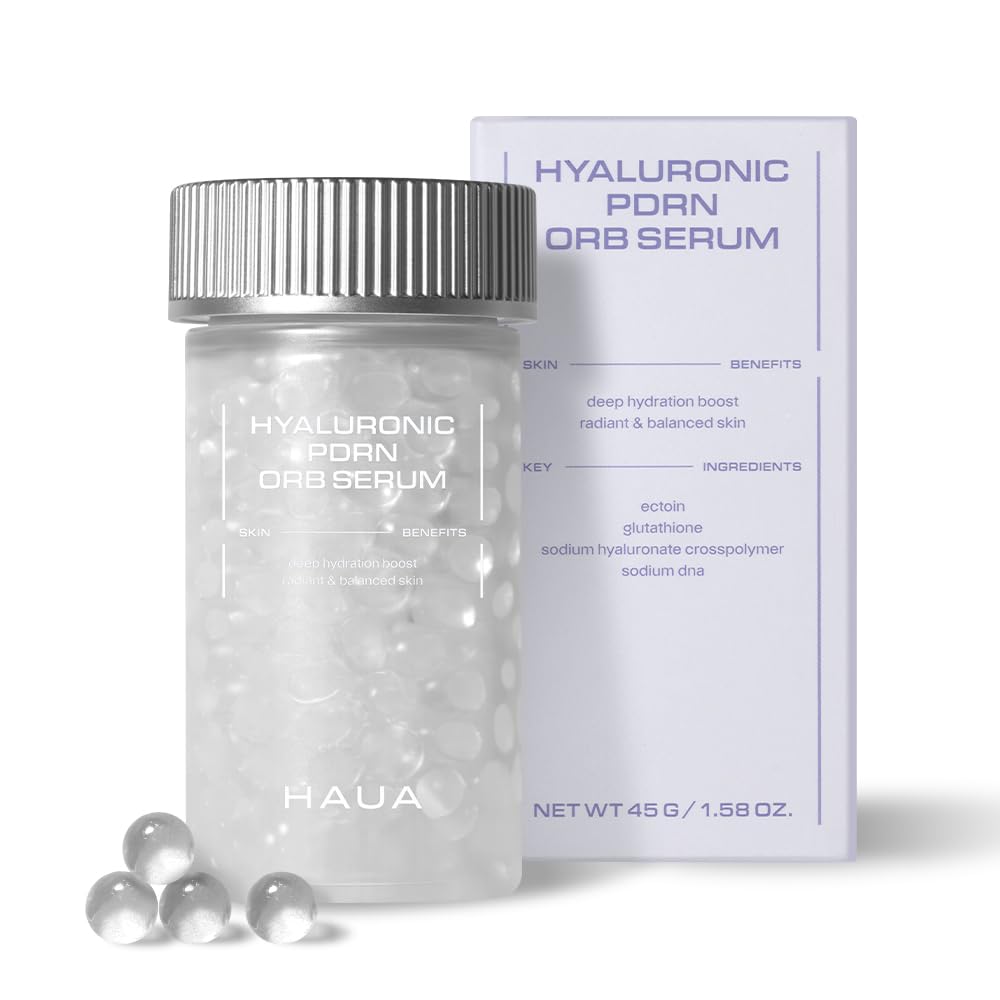 HAUA Hyaluronic PDRN orb serum beads close-up delivering fresh actives for radiant skin.