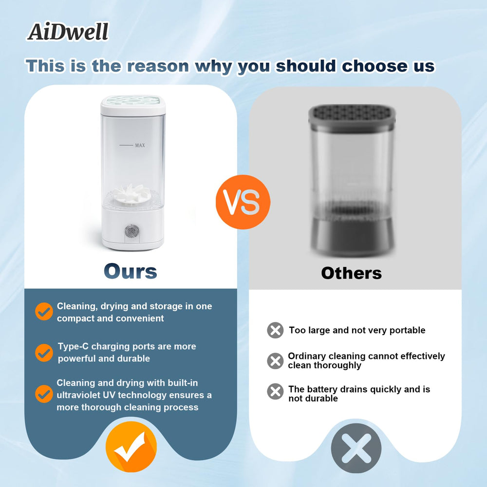 AiDwell high-speed rotation cleans makeup residues for a refreshed brush feel