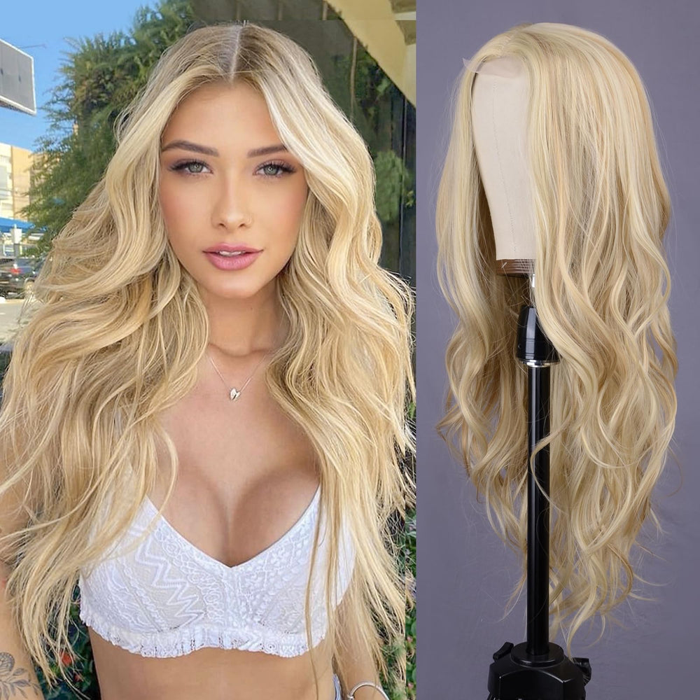 Aida ble mixed-blonde long wave wig with 26-inch middle part for natural daily styling