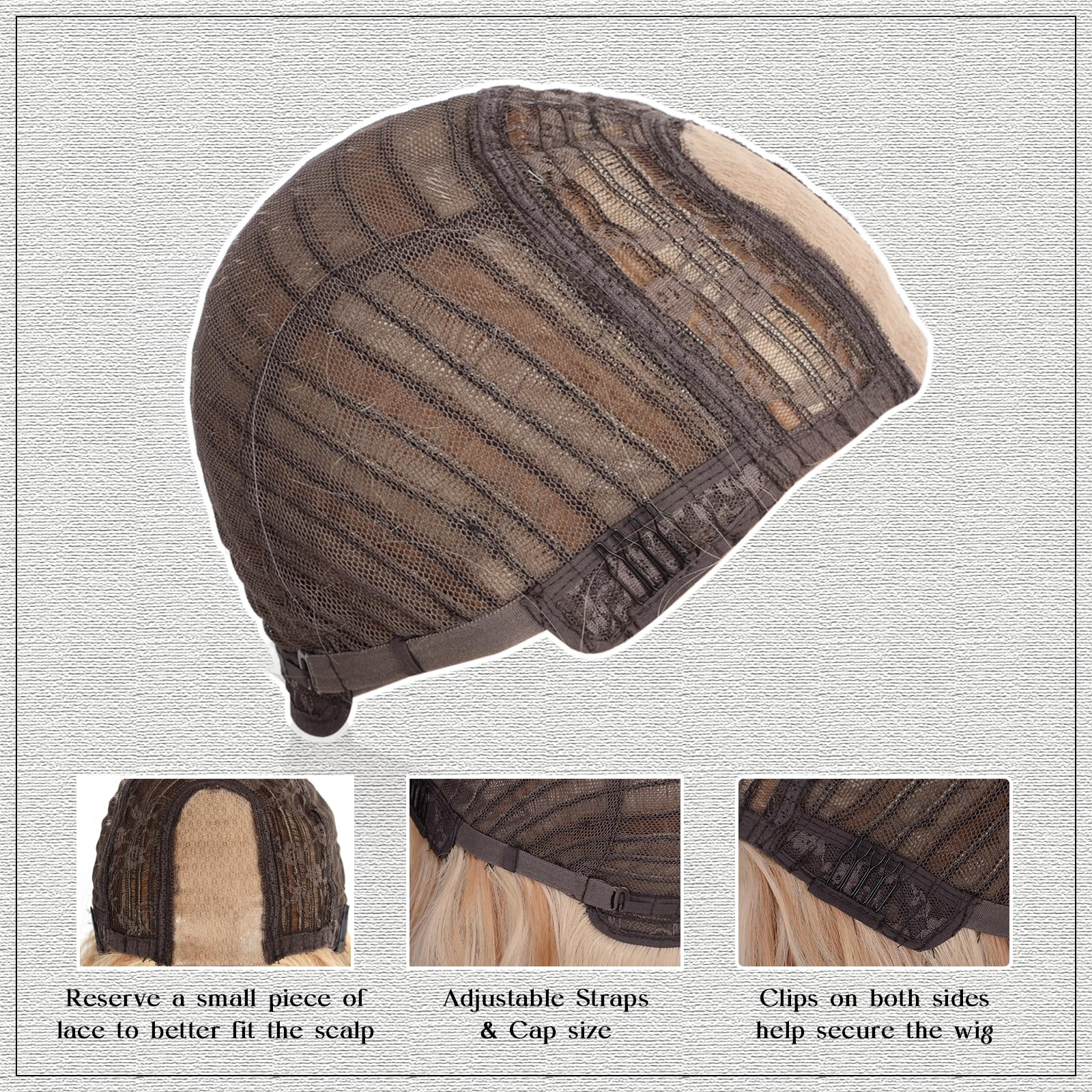 Aida ble wig with hair cap elastic bands and clips for secure fit