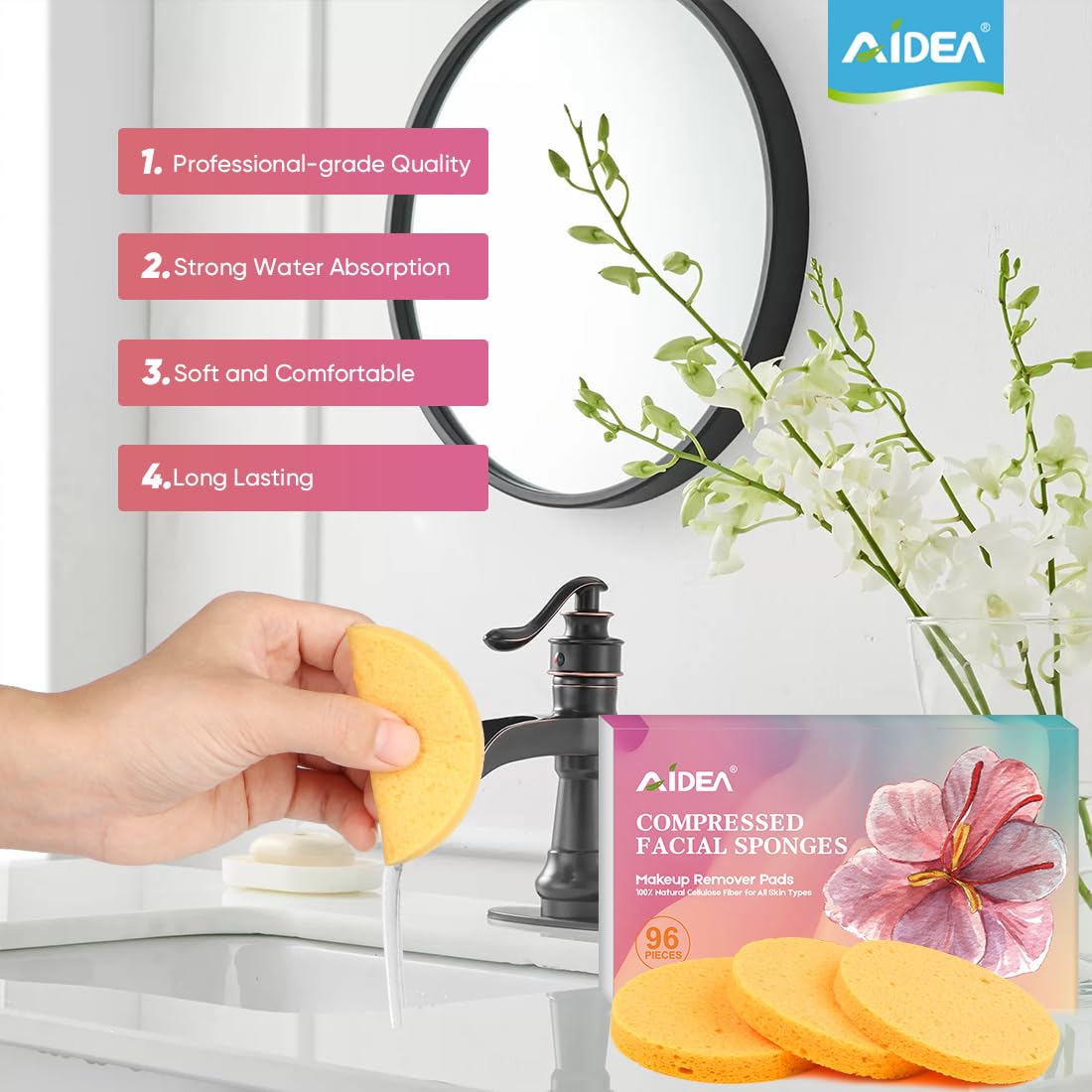 AIDEA exfoliating sponges illustrate multi-purpose cleansing and exfoliation.