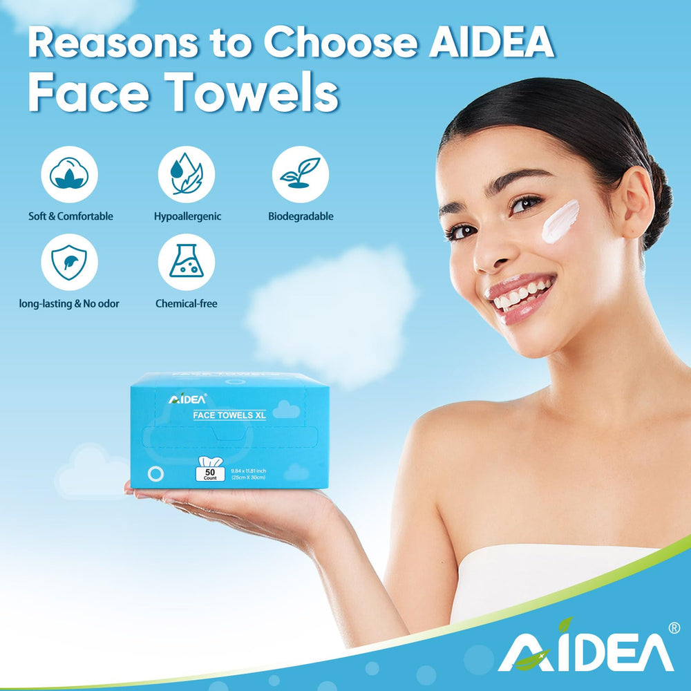 AIDEA XL face towels travel pack; compact, individually wrapped for mess-free on-the-go use.
