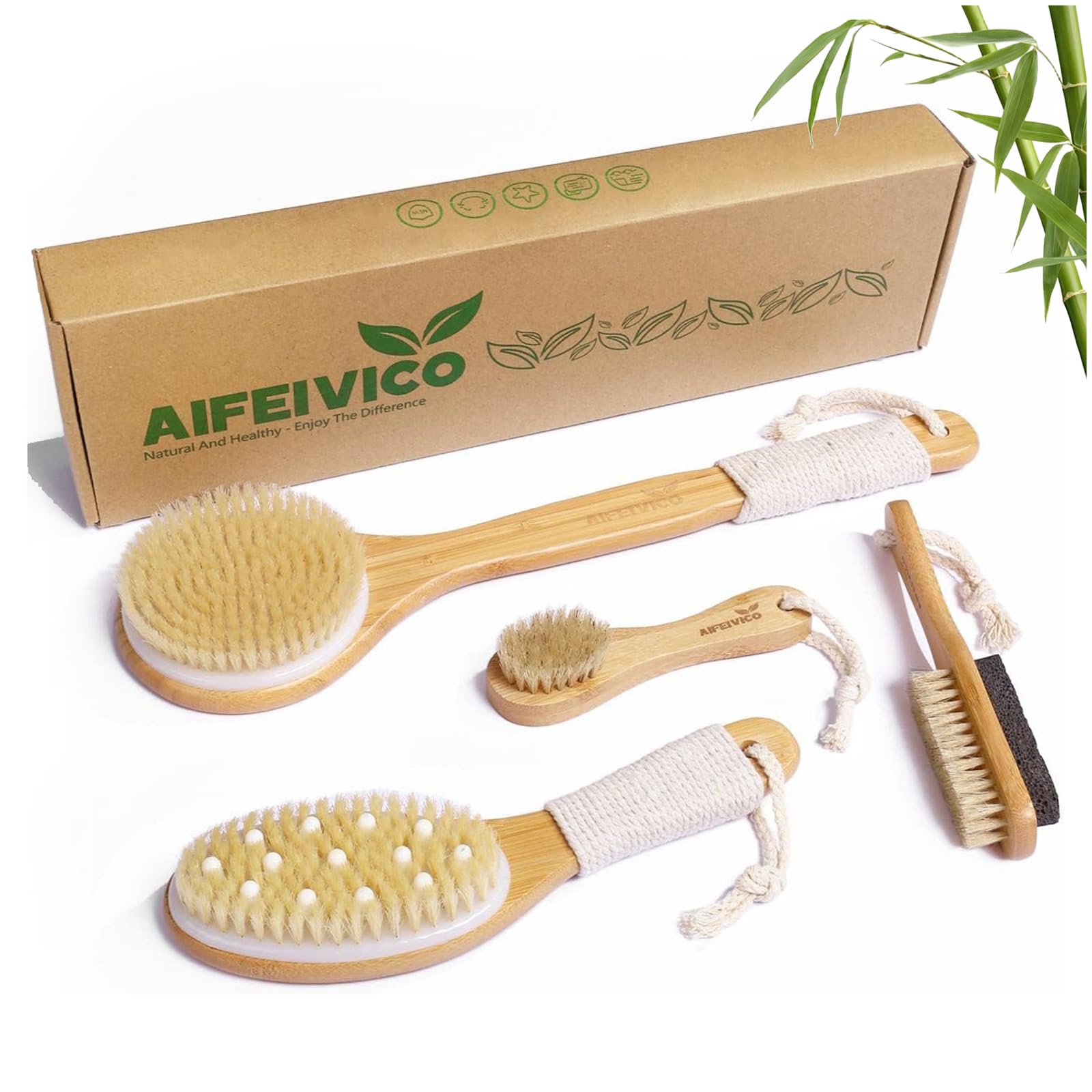 AIFEIVICO dry brushing setup with bamboo brush enables exfoliation and a refreshing morning ritual.