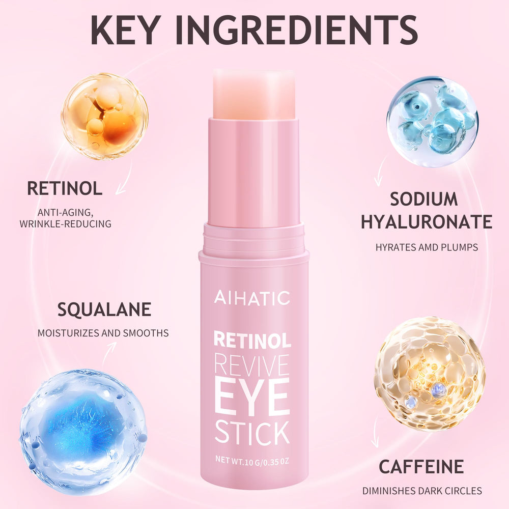 Aihatic retinol caffeine eye balm-stick application demonstrates precise under-eye touch for depuffing.