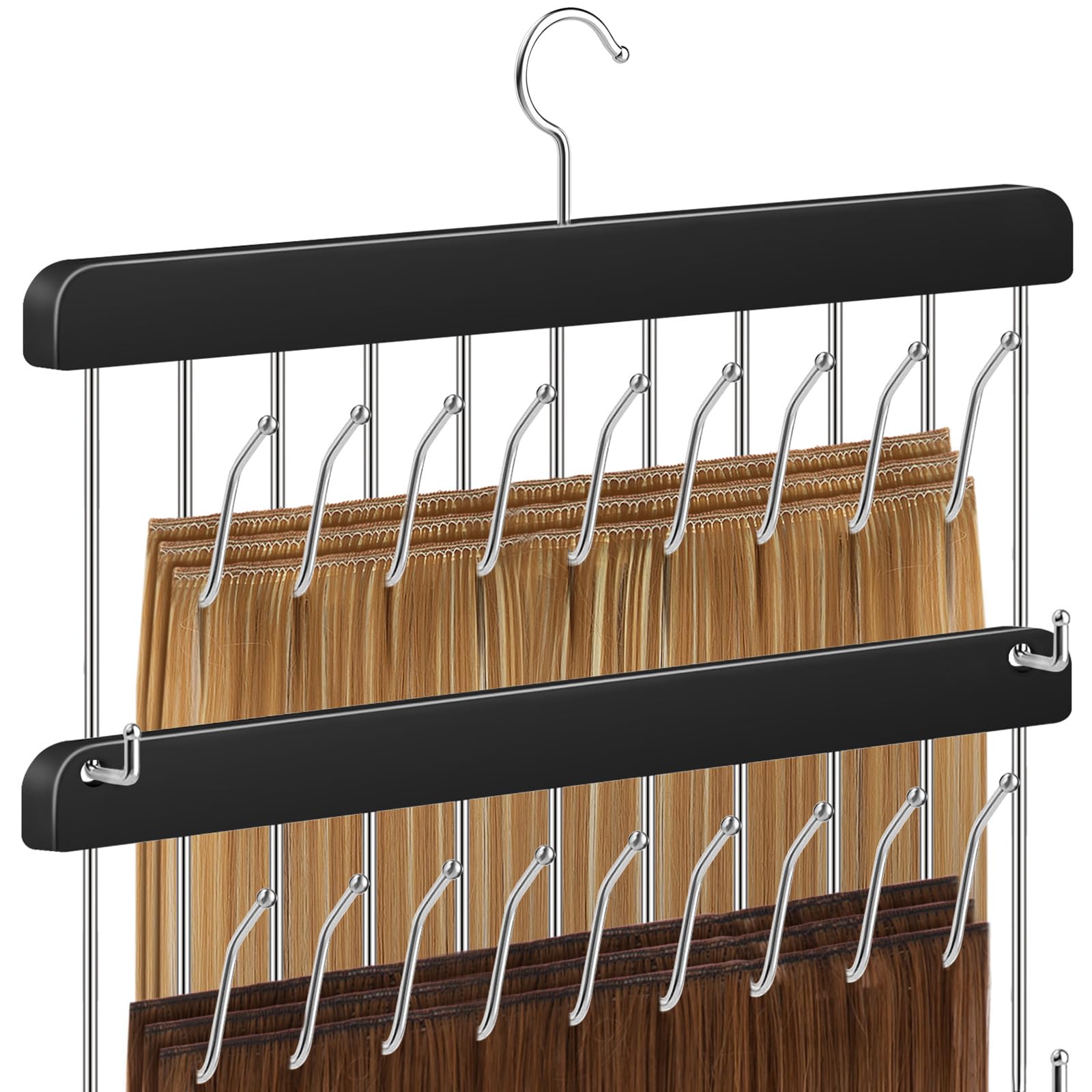 AIHOPESTO two-tier extension hanger showing organized hairpieces for quick styling access