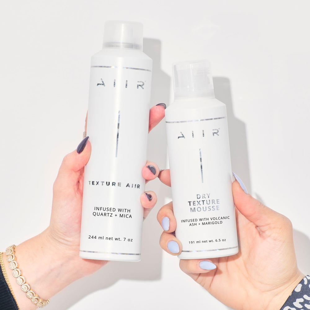 AIIR Texture Styling Spray model shot showing volume before and after.