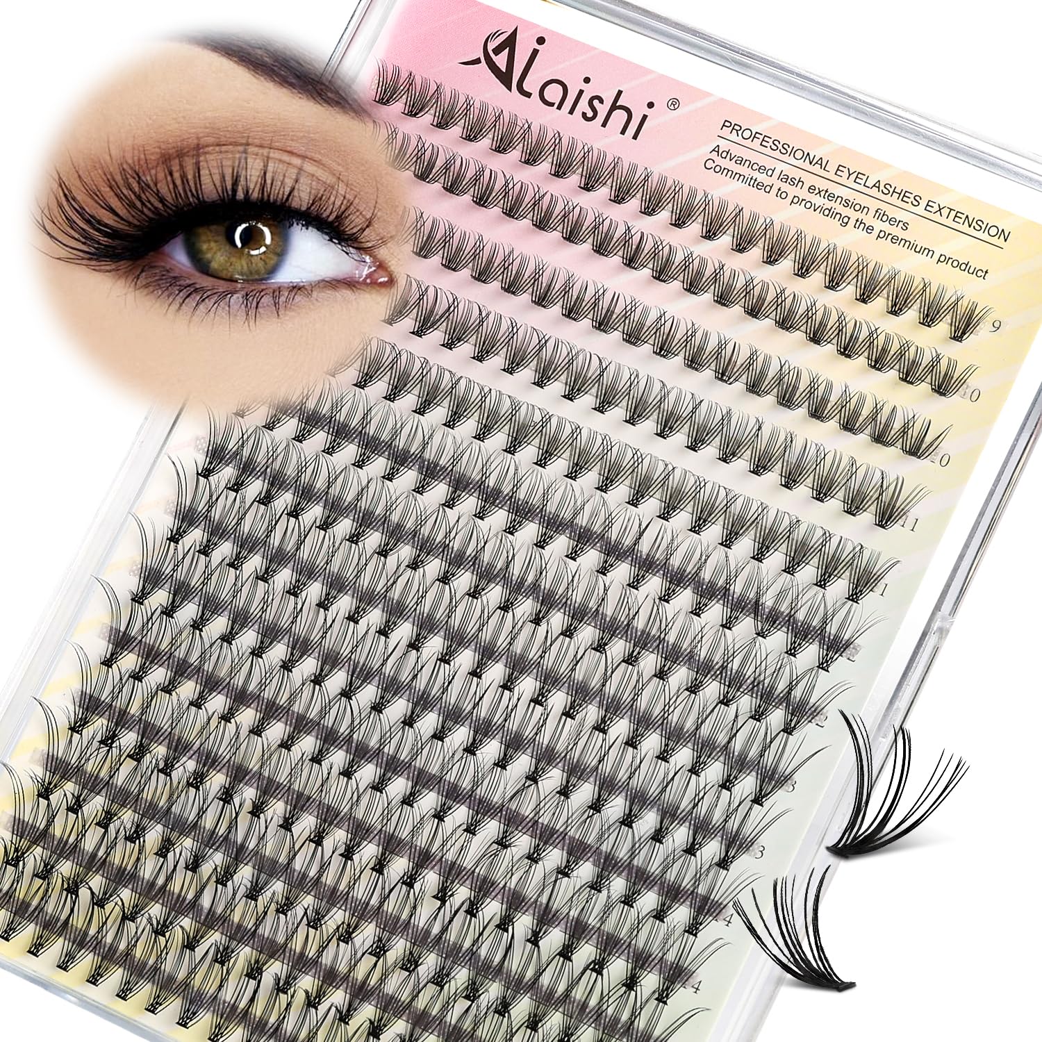AILAISHI Lash Clusters box 280pcs 9-16mm for fast, dramatic cat-eye looks.