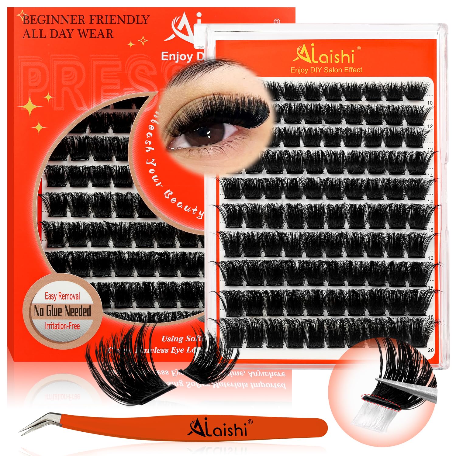 AILAISHI self-adhesive eyelashes closeup showing 200D fluffy lashes for instant effect.