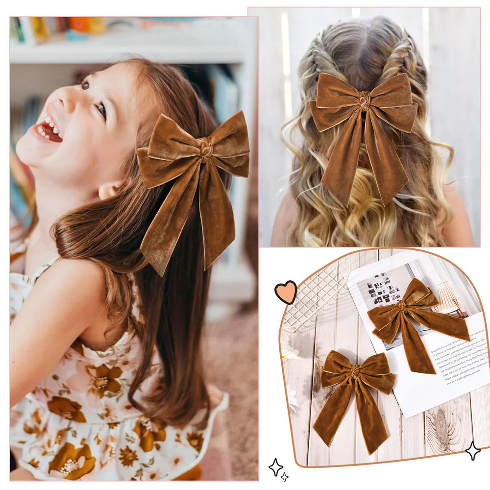Aileam brown velvet bow clip worn with hats for versatile styling.