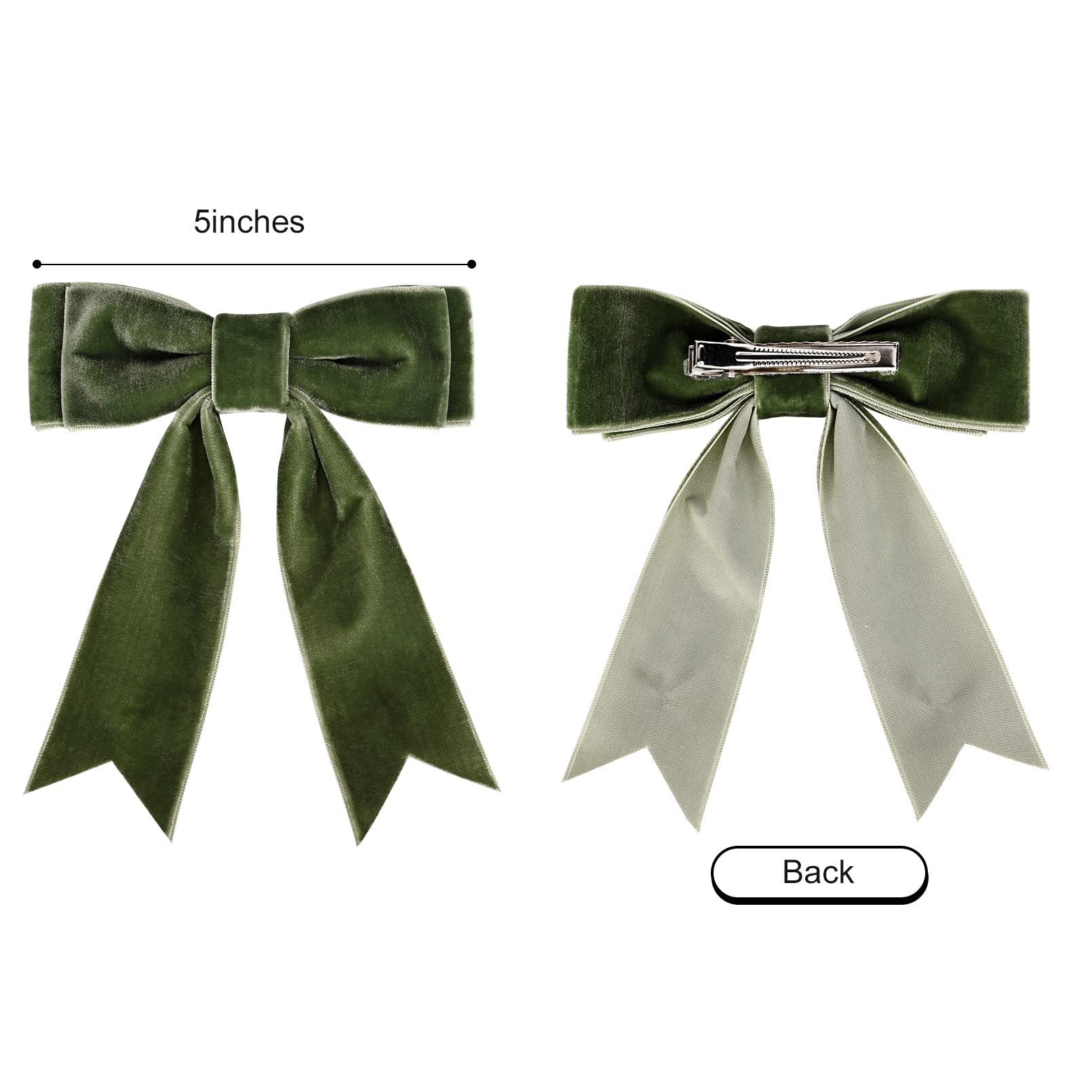 Aileam green velvet bow 5in side-clip view showing secure alligator clip.